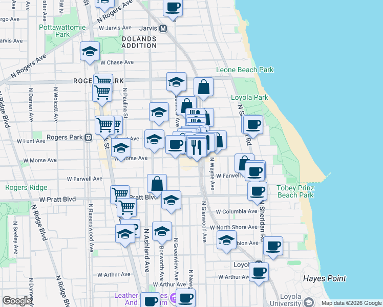 map of restaurants, bars, coffee shops, grocery stores, and more near 1418 West Morse Avenue in Chicago