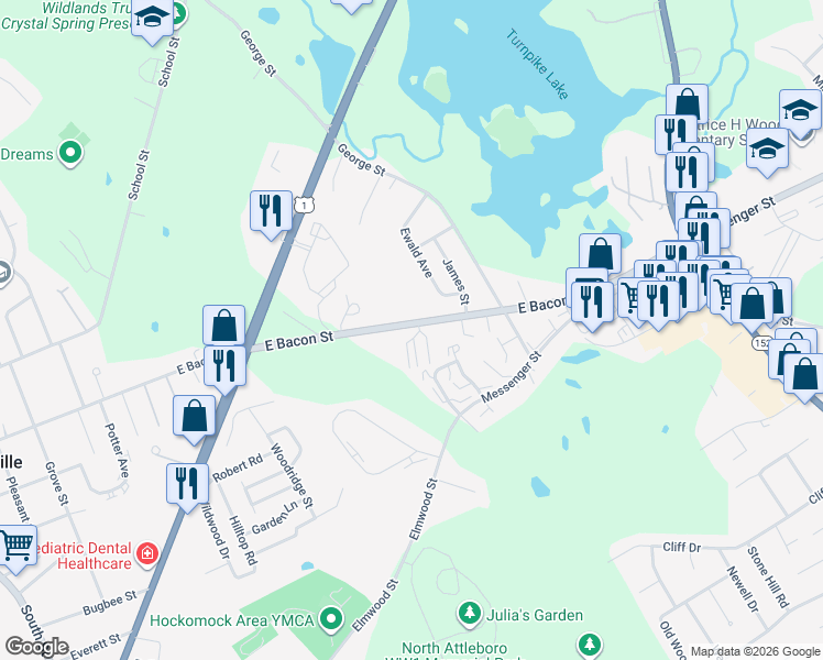 map of restaurants, bars, coffee shops, grocery stores, and more near 30 Sunnyside Drive in Plainville