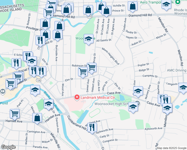 map of restaurants, bars, coffee shops, grocery stores, and more near 138 Hebert Avenue in Woonsocket