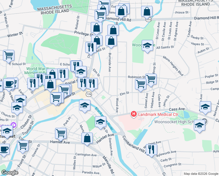 map of restaurants, bars, coffee shops, grocery stores, and more near 266 Elm Street in Woonsocket