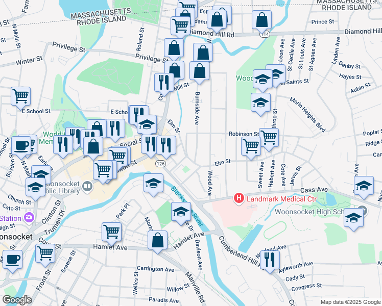 map of restaurants, bars, coffee shops, grocery stores, and more near 266 Elm Street in Woonsocket