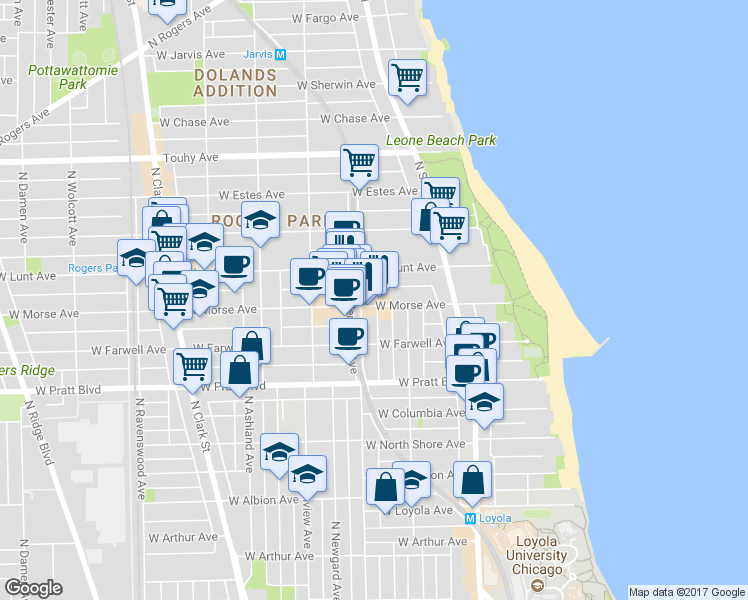 map of restaurants, bars, coffee shops, grocery stores, and more near 6921 North Wayne Avenue in Chicago