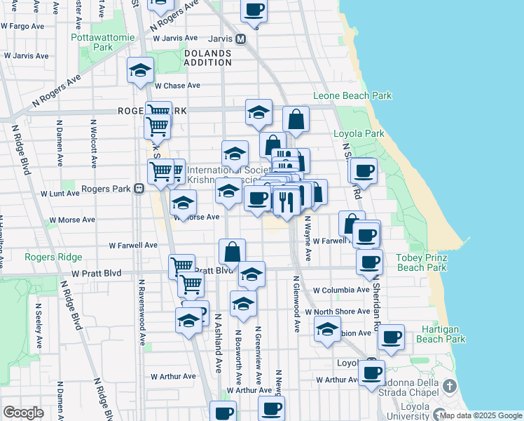 map of restaurants, bars, coffee shops, grocery stores, and more near 6925 North Greenview Avenue in Chicago