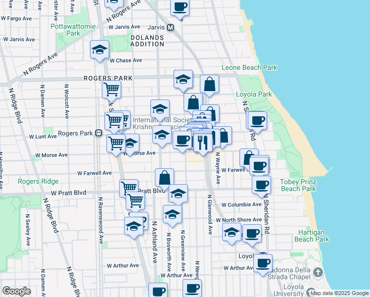 map of restaurants, bars, coffee shops, grocery stores, and more near 6925 North Greenview Avenue in Chicago