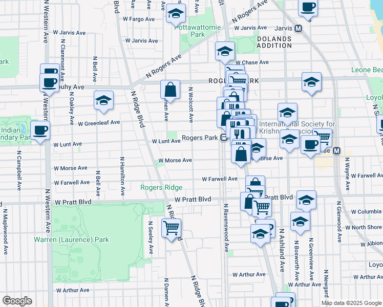map of restaurants, bars, coffee shops, grocery stores, and more near 1853 West Morse Avenue in Chicago