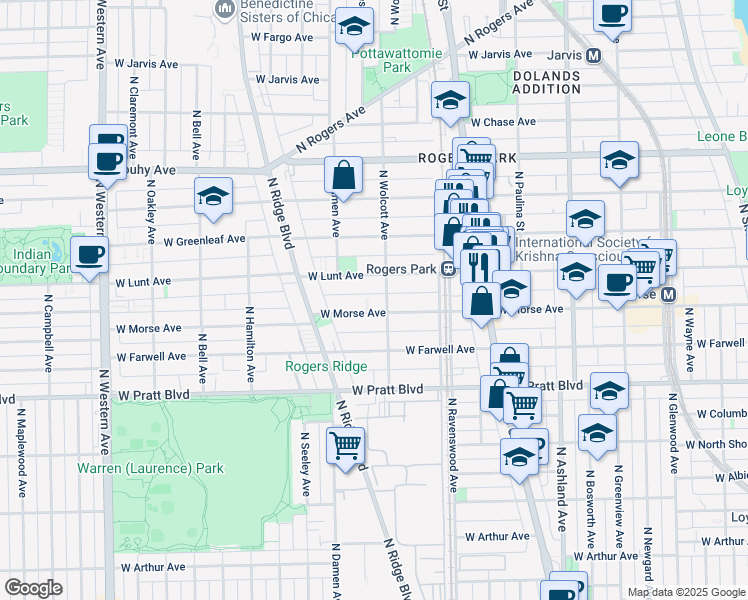 map of restaurants, bars, coffee shops, grocery stores, and more near 1853 West Morse Avenue in Chicago