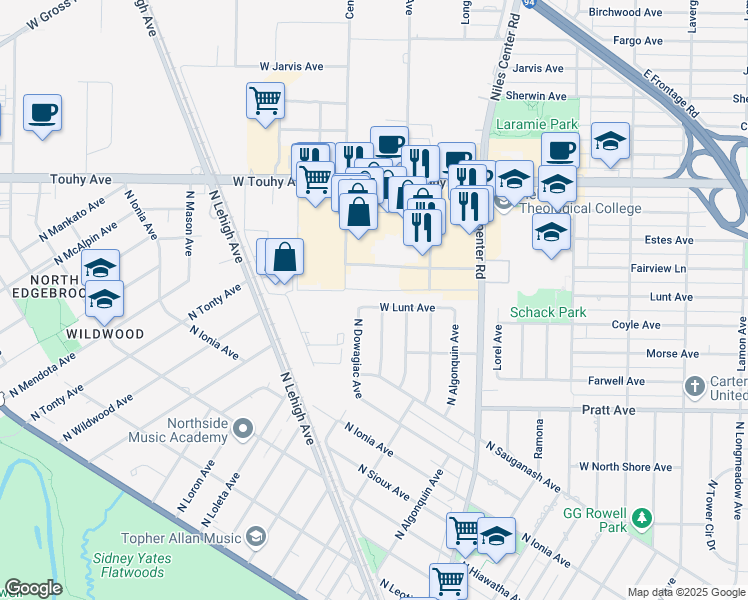 map of restaurants, bars, coffee shops, grocery stores, and more near 6959 North Dowagiac Avenue in Chicago