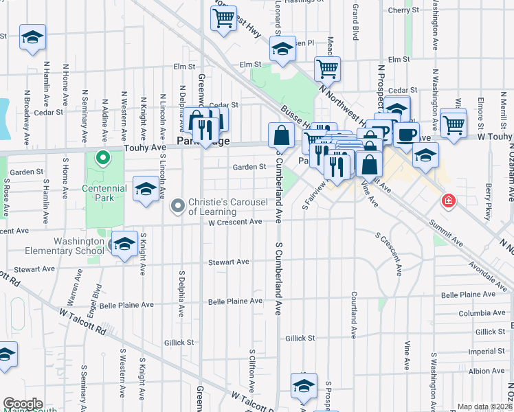 map of restaurants, bars, coffee shops, grocery stores, and more near 920 West Crescent Avenue in Park Ridge