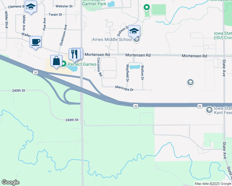 map of restaurants, bars, coffee shops, grocery stores, and more near 4130 Maricopa Drive in Ames