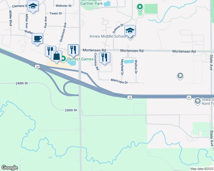 map of restaurants, bars, coffee shops, grocery stores, and more near 4370 U.S. 30 in Ames