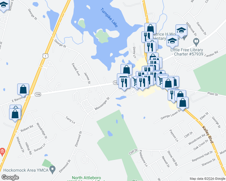 map of restaurants, bars, coffee shops, grocery stores, and more near 14 Messenger Street in Plainville