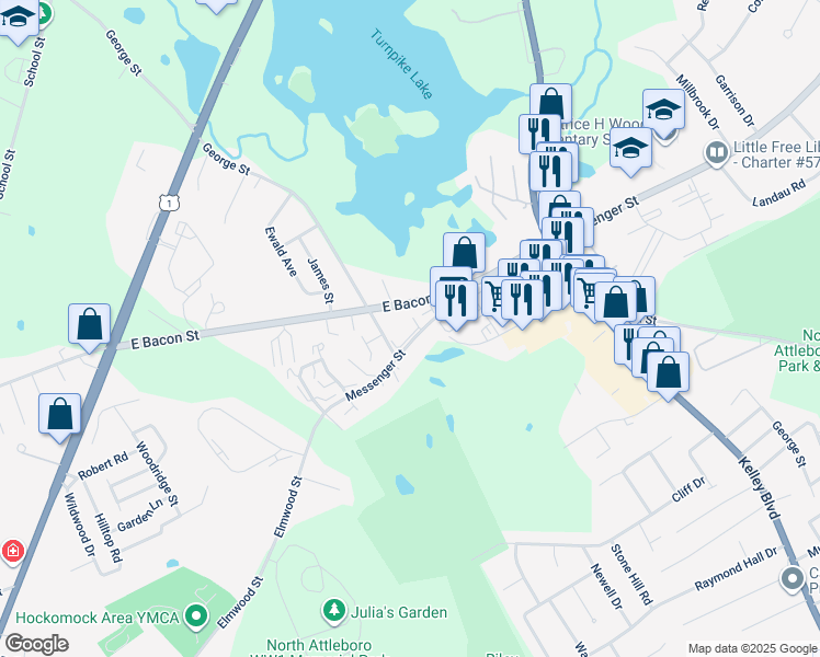 map of restaurants, bars, coffee shops, grocery stores, and more near 1 George Street in Plainville