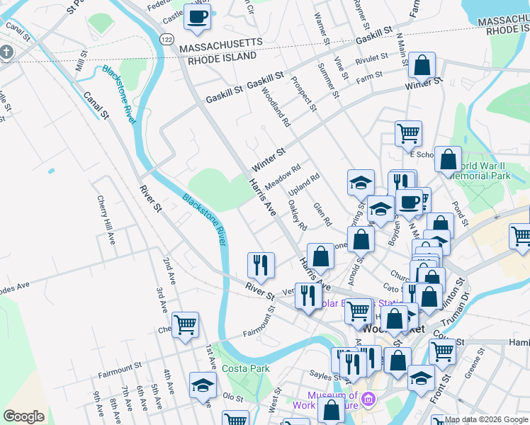 map of restaurants, bars, coffee shops, grocery stores, and more near 32 Lyman Street in Woonsocket