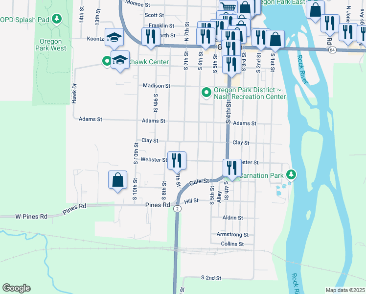 map of restaurants, bars, coffee shops, grocery stores, and more near 610 South 7th Street in Oregon