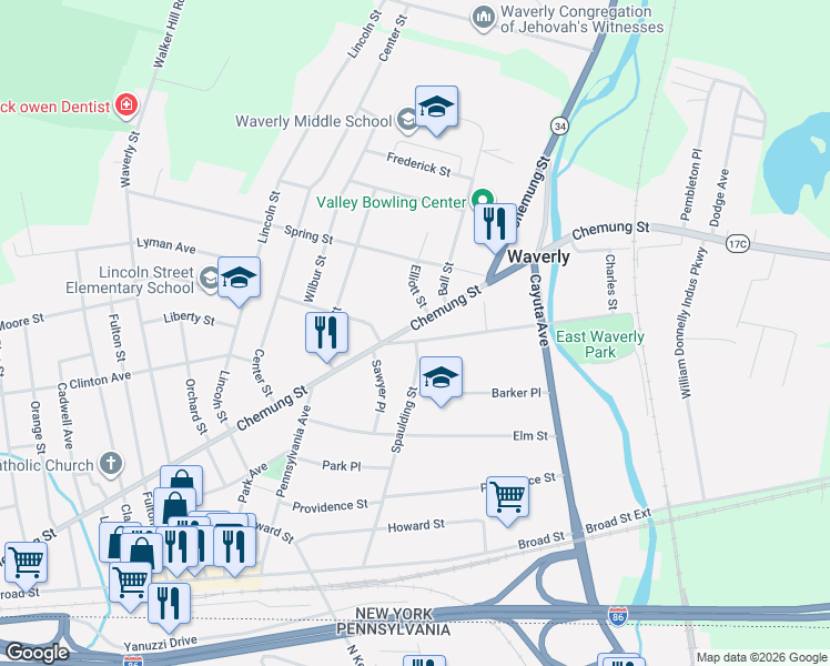 map of restaurants, bars, coffee shops, grocery stores, and more near 479 Spaulding St in Waverly