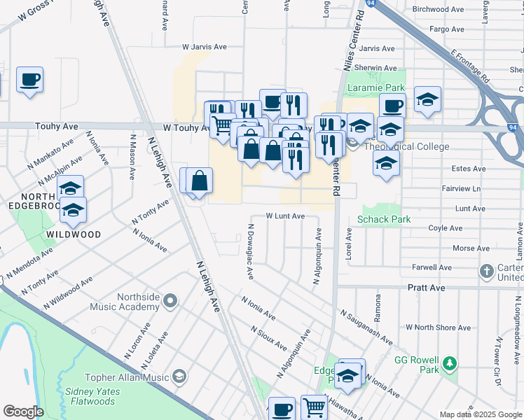 map of restaurants, bars, coffee shops, grocery stores, and more near 6959 North Dowagiac Avenue in Chicago