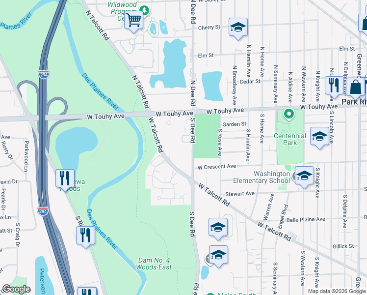 map of restaurants, bars, coffee shops, grocery stores, and more near 2420 West Talcott Road in Park Ridge
