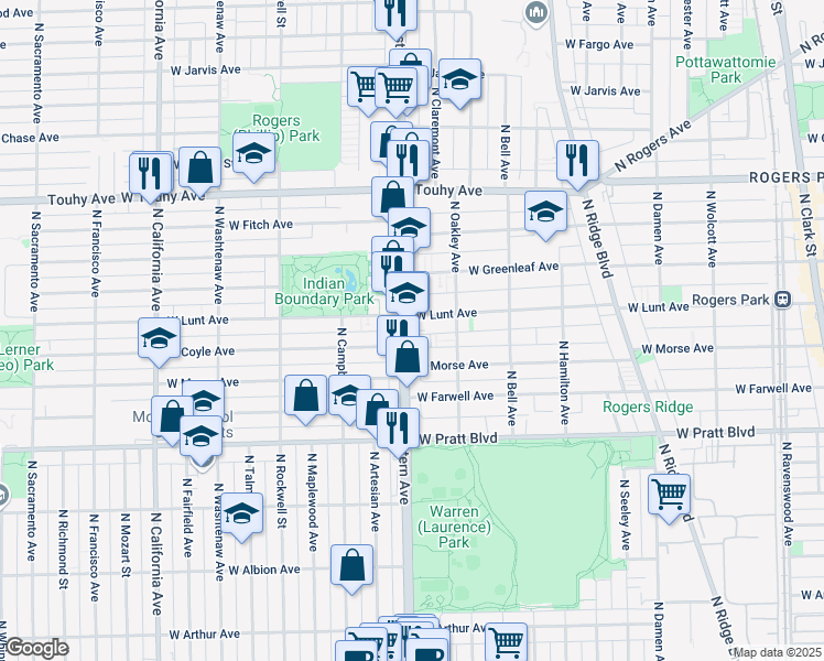 map of restaurants, bars, coffee shops, grocery stores, and more near 6967 North Western Avenue in Chicago