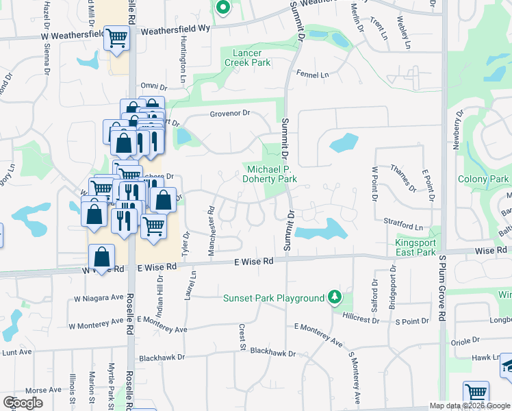 map of restaurants, bars, coffee shops, grocery stores, and more near 1061 Brunswick Harbor in Schaumburg