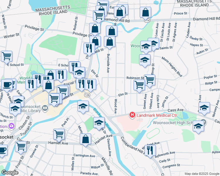 map of restaurants, bars, coffee shops, grocery stores, and more near 266 Elm Street in Woonsocket