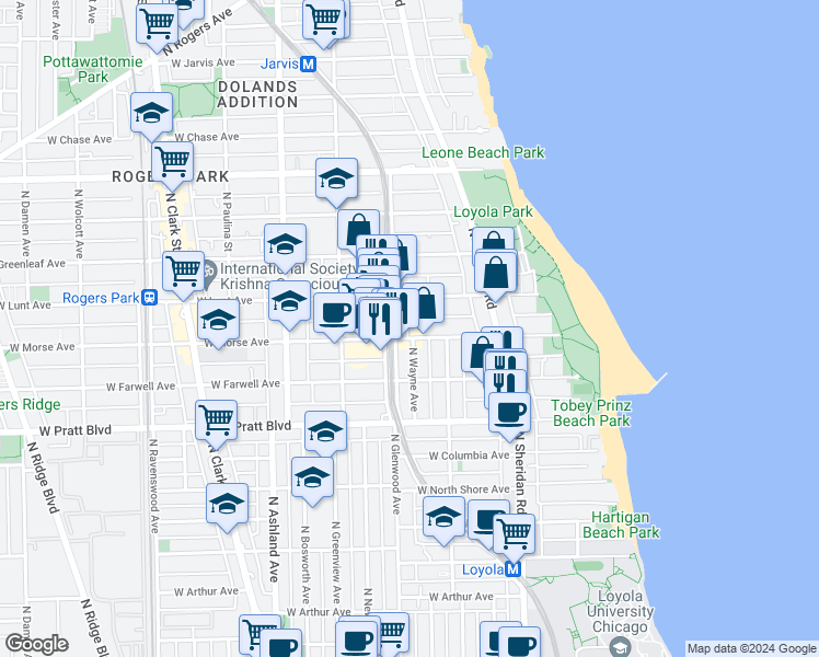 map of restaurants, bars, coffee shops, grocery stores, and more near 6921 North Wayne Avenue in Chicago
