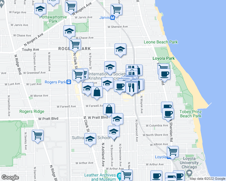 map of restaurants, bars, coffee shops, grocery stores, and more near 1527 West Morse Avenue in Chicago
