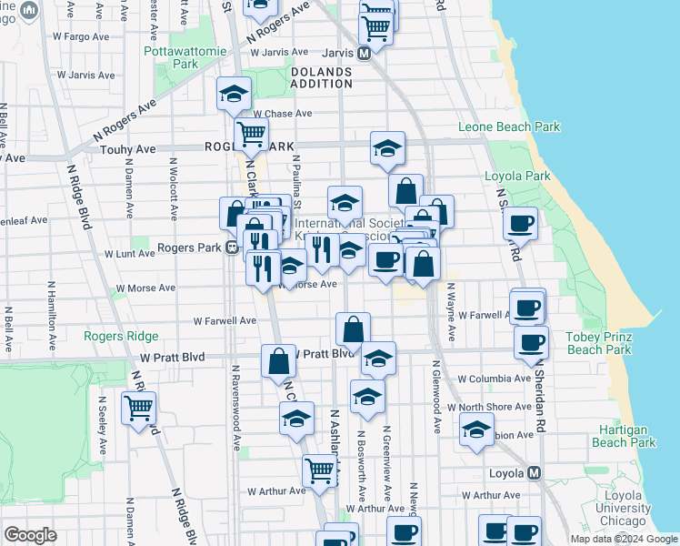 map of restaurants, bars, coffee shops, grocery stores, and more near 1600 West Morse Avenue in Chicago