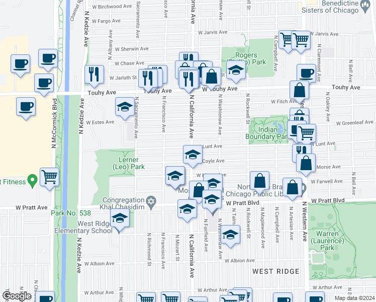 map of restaurants, bars, coffee shops, grocery stores, and more near 2813 West Coyle Avenue in Chicago