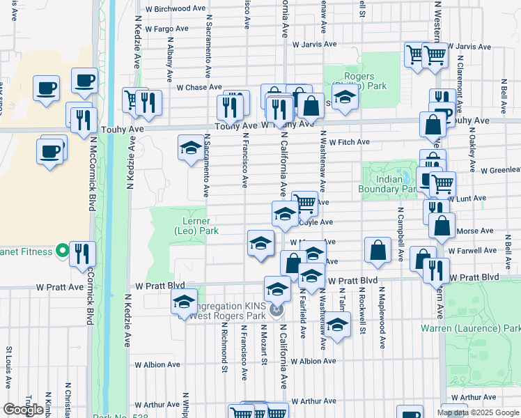 map of restaurants, bars, coffee shops, grocery stores, and more near 2813 West Coyle Avenue in Chicago