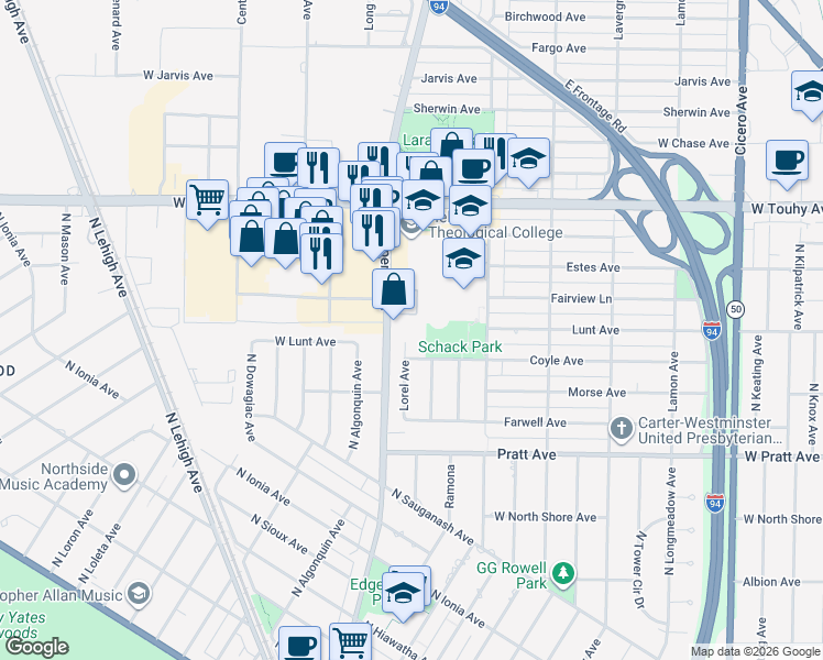 map of restaurants, bars, coffee shops, grocery stores, and more near 5320 Coyle Avenue in Skokie