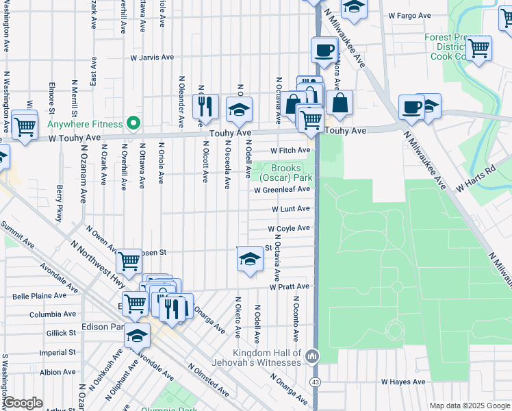 map of restaurants, bars, coffee shops, grocery stores, and more near 7318 West Coyle Avenue in Chicago