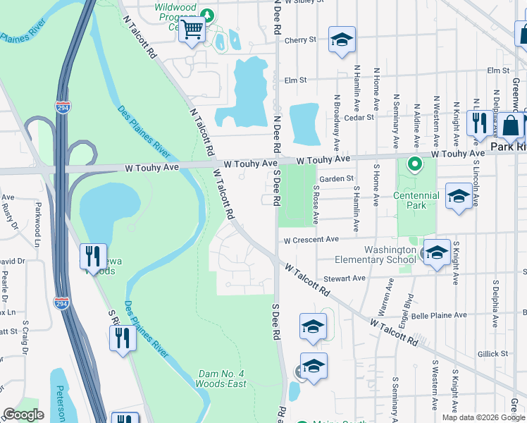 map of restaurants, bars, coffee shops, grocery stores, and more near 2420 West Talcott Road in Park Ridge