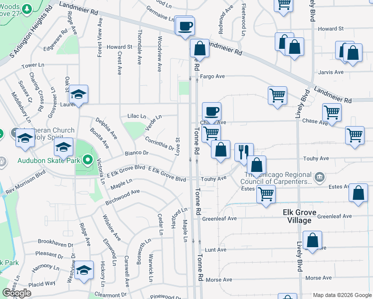 map of restaurants, bars, coffee shops, grocery stores, and more near 876 Tonne Road in Elk Grove Village