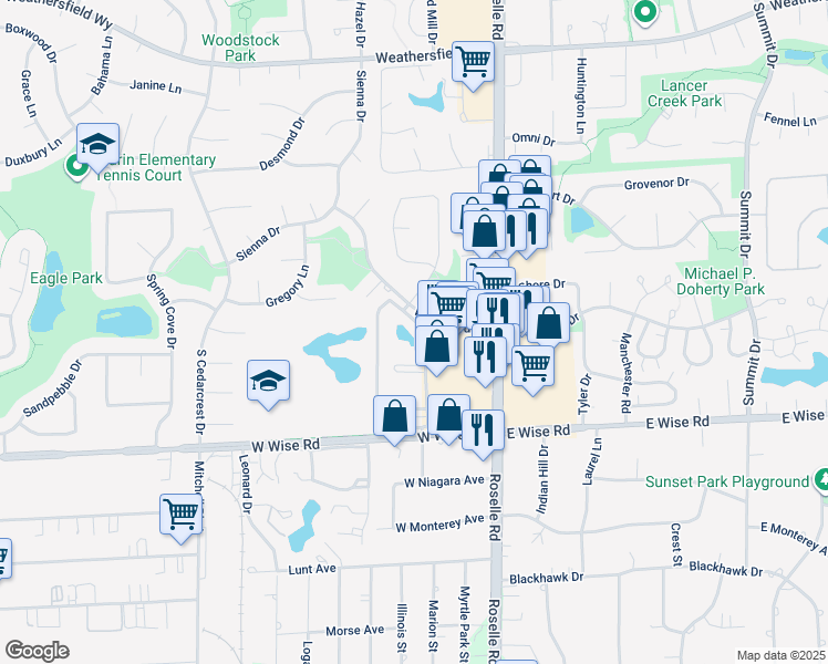 map of restaurants, bars, coffee shops, grocery stores, and more near 120 Oliver Court in Schaumburg