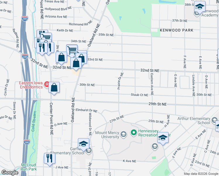 map of restaurants, bars, coffee shops, grocery stores, and more near 1233 Staub Court Northeast in Cedar Rapids