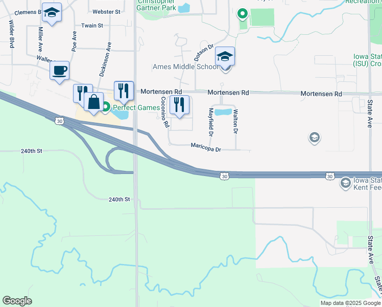map of restaurants, bars, coffee shops, grocery stores, and more near 4130 Maricopa Drive in Ames