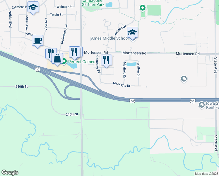 map of restaurants, bars, coffee shops, grocery stores, and more near 4370 U.S. 30 in Ames