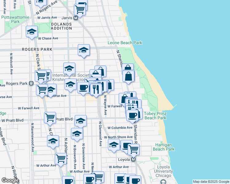 map of restaurants, bars, coffee shops, grocery stores, and more near 1250 West Morse Avenue in Chicago