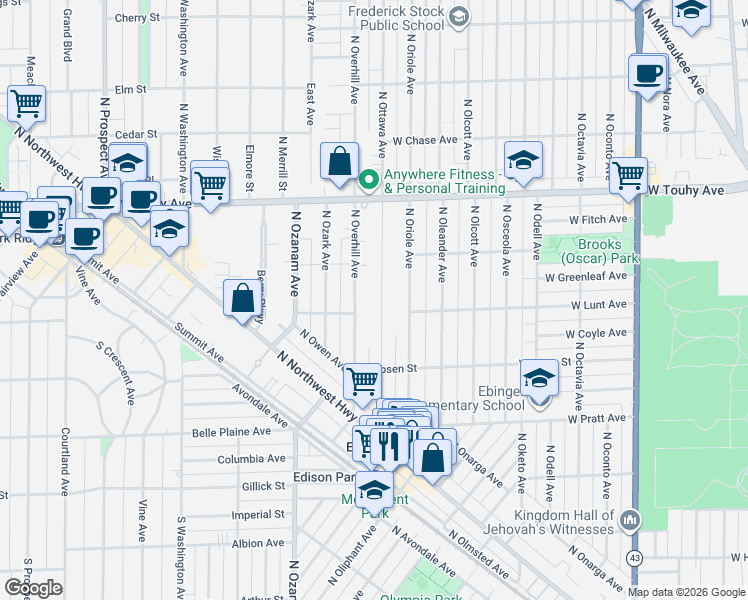 map of restaurants, bars, coffee shops, grocery stores, and more near 6949 North Ottawa Avenue in Chicago