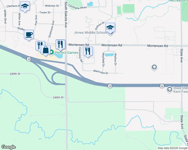 map of restaurants, bars, coffee shops, grocery stores, and more near 4130 Maricopa Drive in Ames