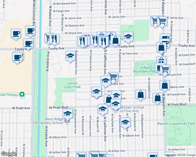 map of restaurants, bars, coffee shops, grocery stores, and more near 2813 West Coyle Avenue in Chicago