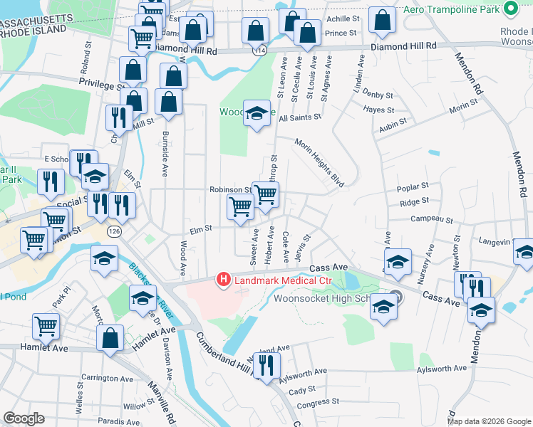map of restaurants, bars, coffee shops, grocery stores, and more near 18 Winthrop Street in Woonsocket