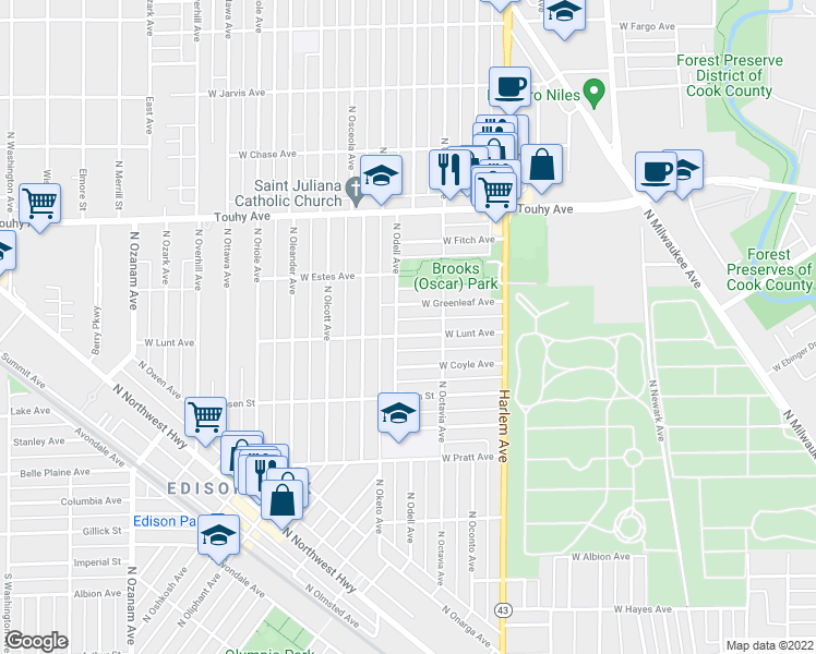 map of restaurants, bars, coffee shops, grocery stores, and more near 7318 West Coyle Avenue in Chicago