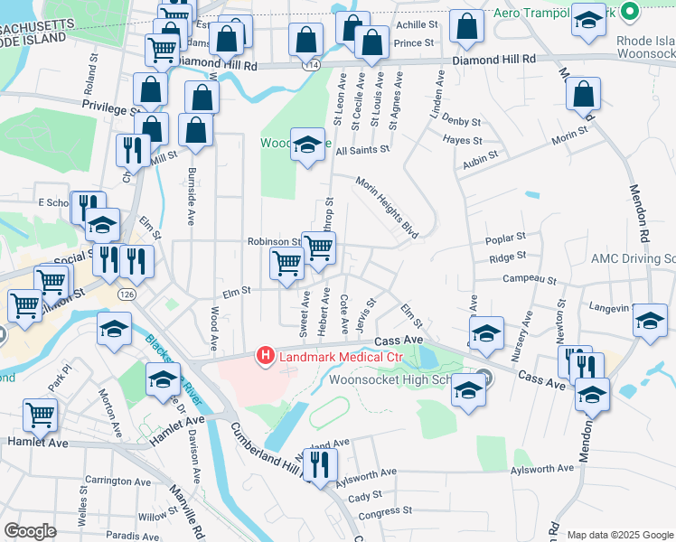 map of restaurants, bars, coffee shops, grocery stores, and more near 660 Elm Street in Woonsocket