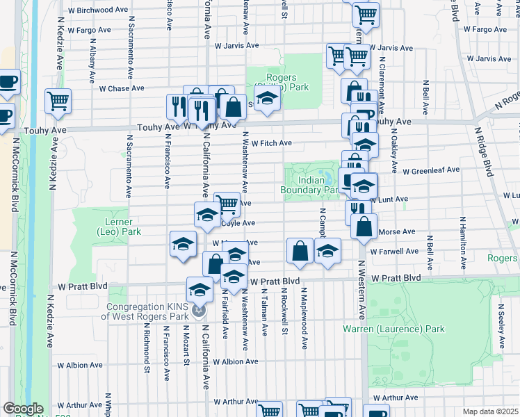 map of restaurants, bars, coffee shops, grocery stores, and more near 2624 West Lunt Avenue in Chicago