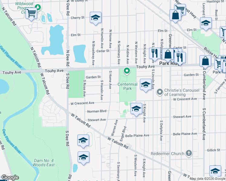 map of restaurants, bars, coffee shops, grocery stores, and more near 31 South Home Avenue in Park Ridge