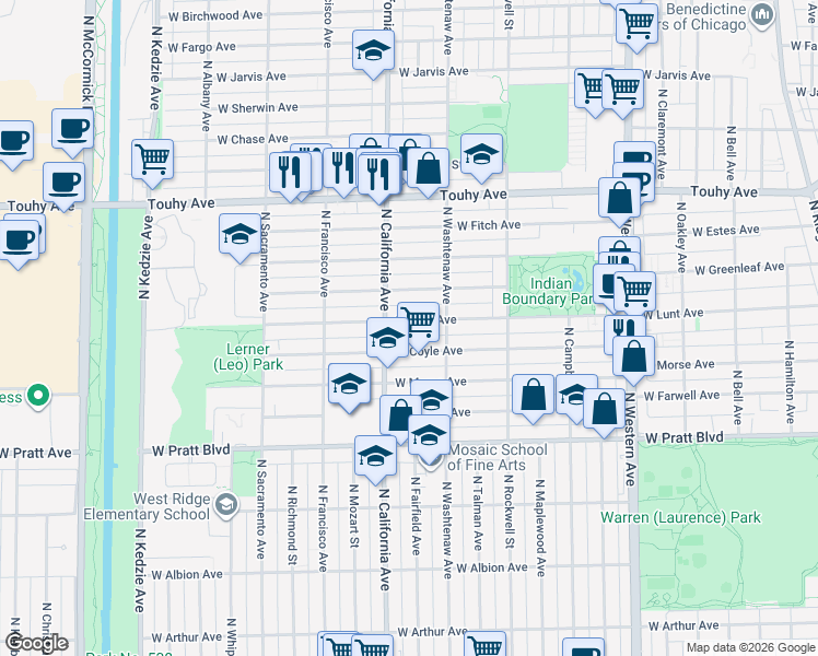 map of restaurants, bars, coffee shops, grocery stores, and more near 2737 West Greenleaf Avenue in Chicago