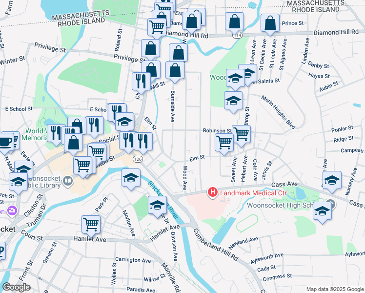 map of restaurants, bars, coffee shops, grocery stores, and more near 208 Wood Avenue in Woonsocket