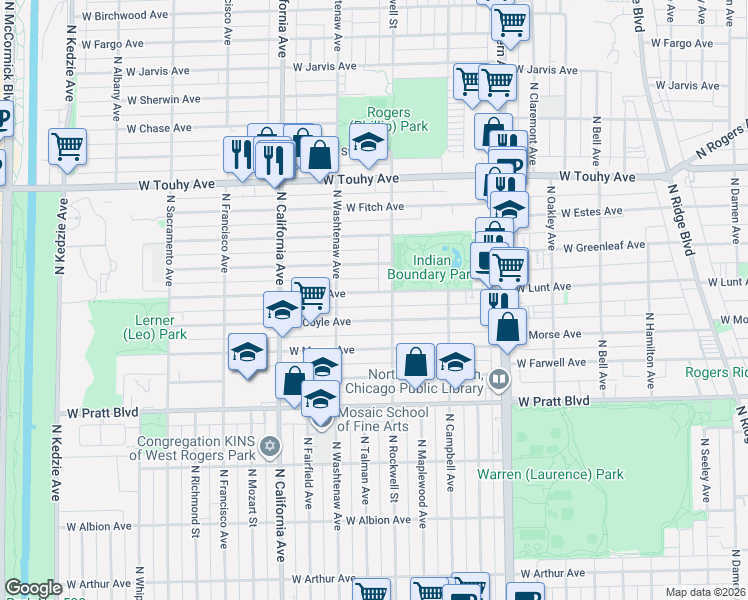map of restaurants, bars, coffee shops, grocery stores, and more near 2624 West Lunt Avenue in Chicago