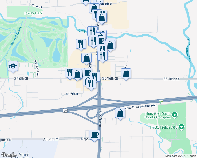 map of restaurants, bars, coffee shops, grocery stores, and more near 1601 South Duff Avenue in Ames